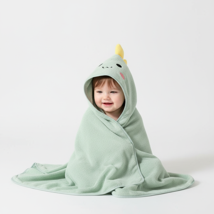 Mother gently drying her baby with a FluffyTowel hooded towel, essential for a cozy bath time