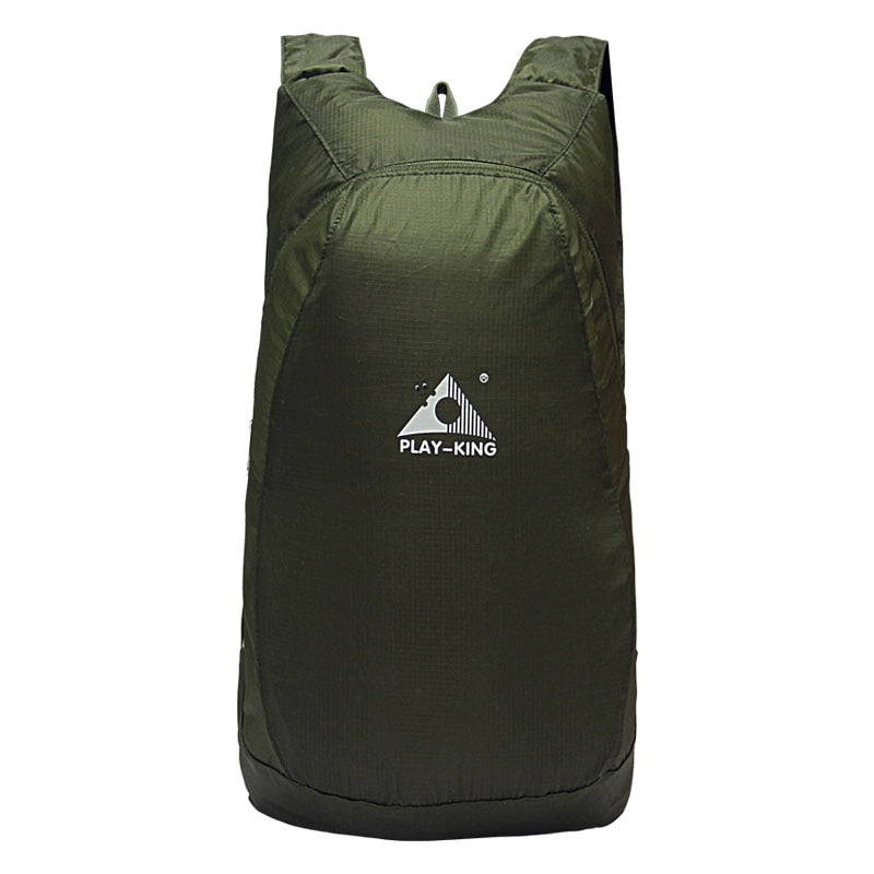 Unisex 20L daypack, folded neatly into its self-storage pouch, ready for portability.