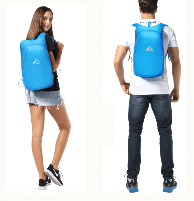 Group of various colored foldable 20L water-resistant backpacks, highlighting color options.