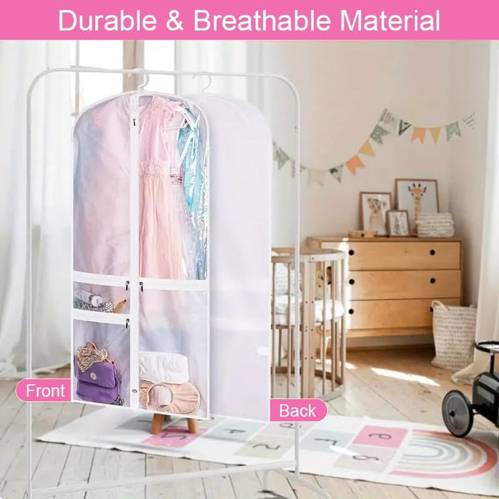 Wardrobe organizer: 5 foldable garment bags for dancewear & costumes with secure zipped accessory pockets for travel.