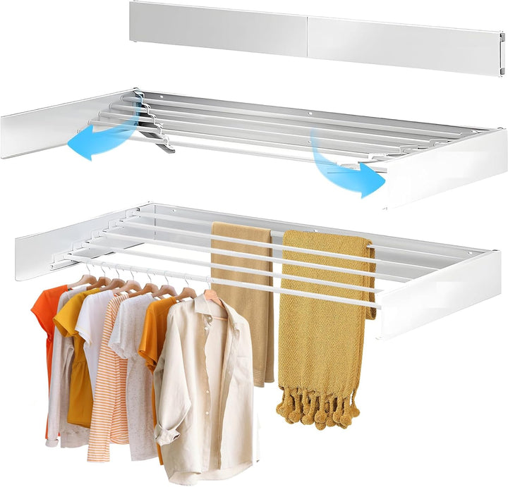 Foldable wall-mounted clothes drying rack, white, extended for laundry organization and space saving