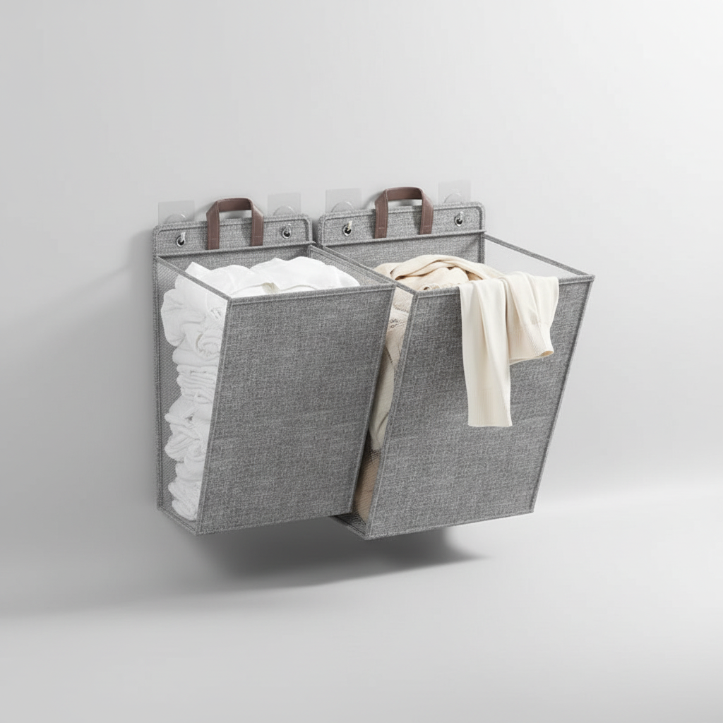 Wall-mounted laundry hamper, collapsible fabric basket for small spaces