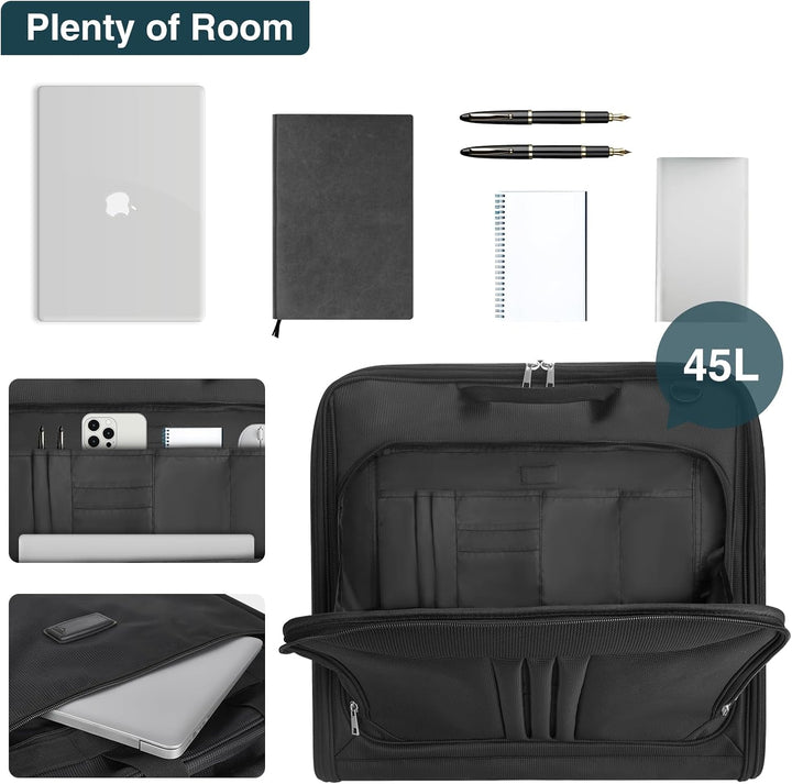 Black foldable travel garment bag, strong handle, front pocket, perfect as men's/women's luggage