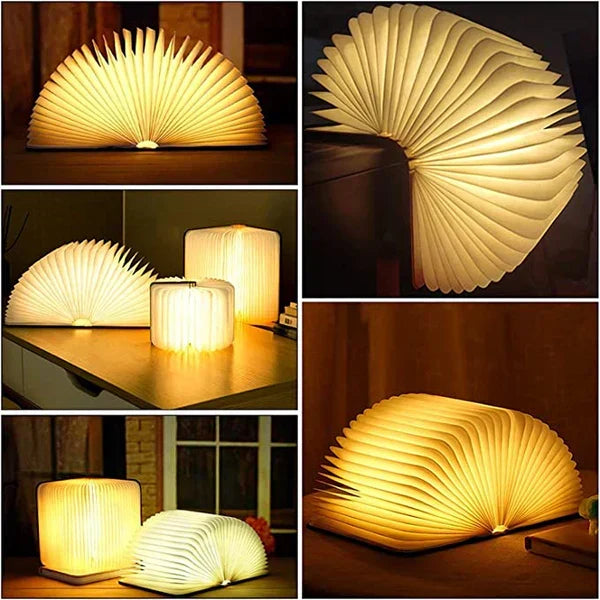 Unique StoryGlow folding LED book lamp, emitting soft, warm glow. Decorative & rechargeable.