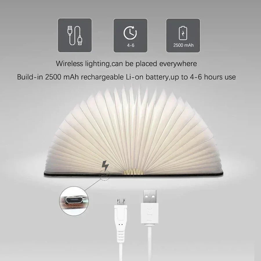 Rechargeable folding LED book lamp, perfect as a bedside lamp for warm, cozy reading light.