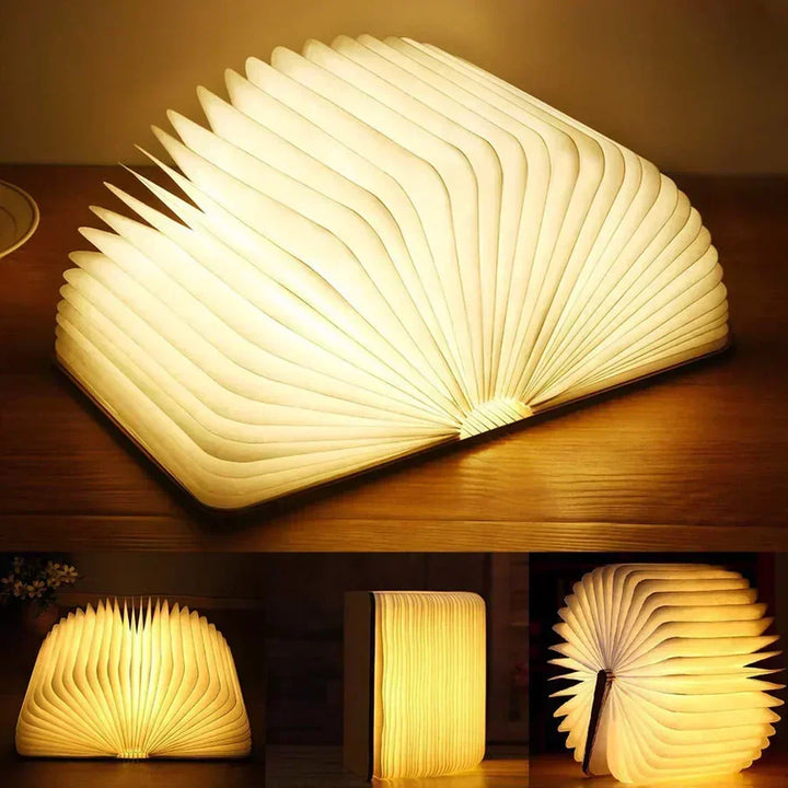 Decorative StoryGlow folding LED book lamp, wireless & rechargeable, adds warm ambiance to home.