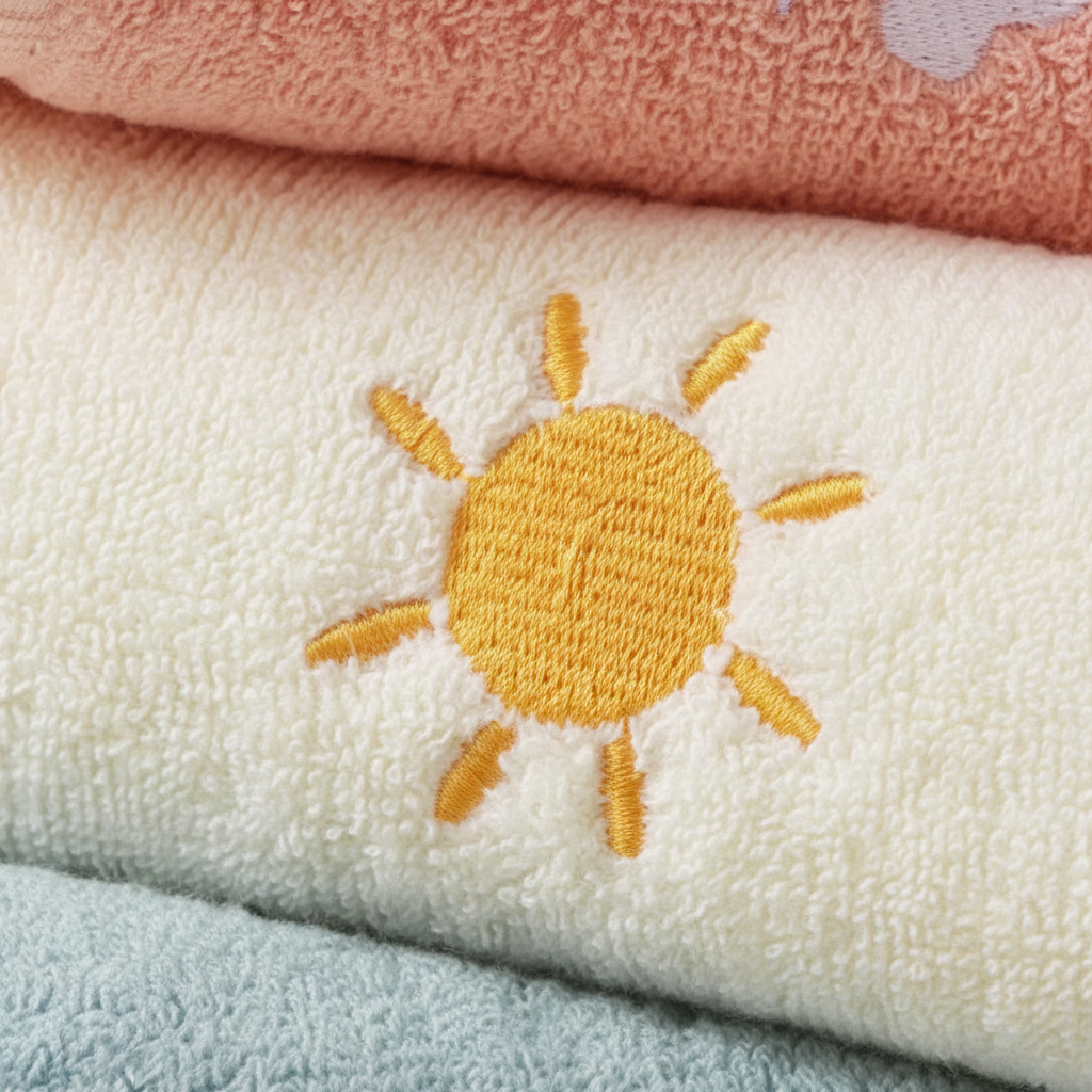 Close-up of a stack of soft, absorbent children's cotton washcloths in various colors