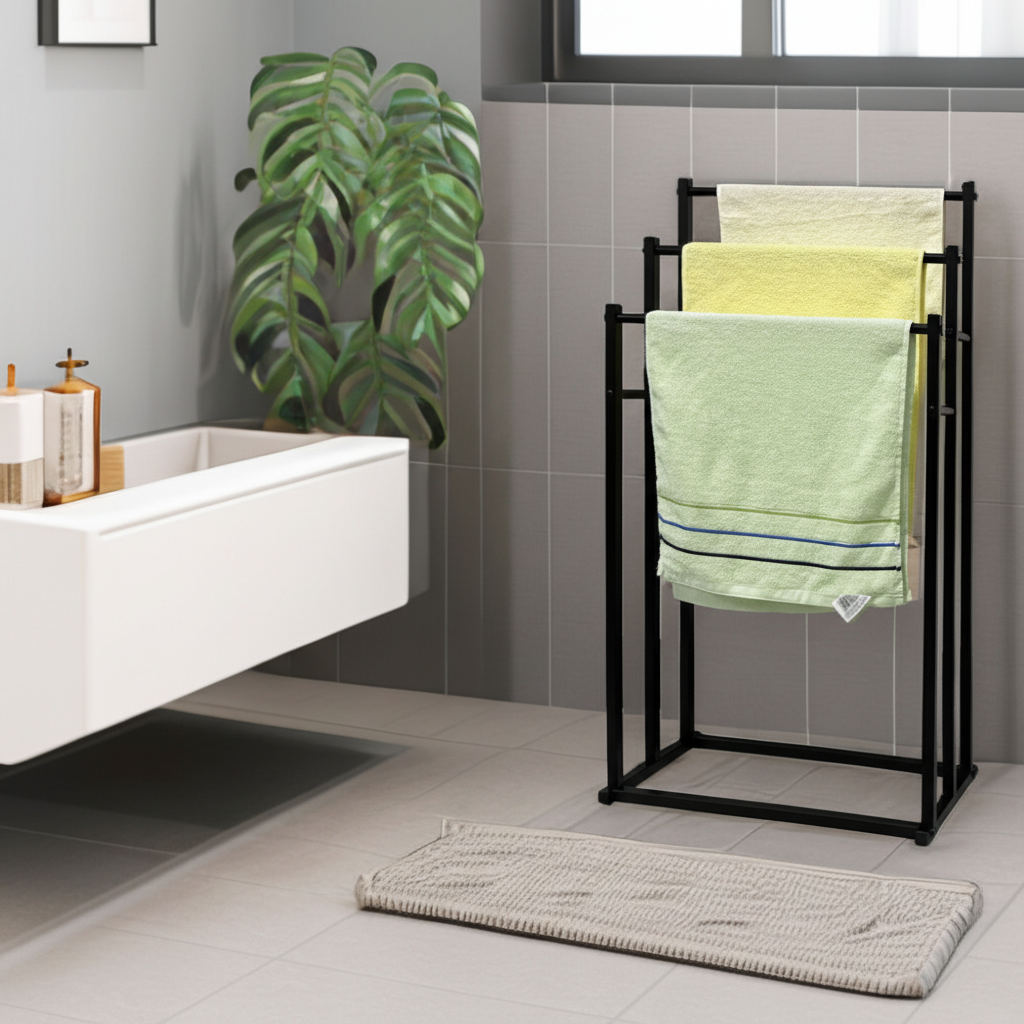 Freestanding steel towel rack, NeatRack, modern bathroom organizer for space-saving towel storage