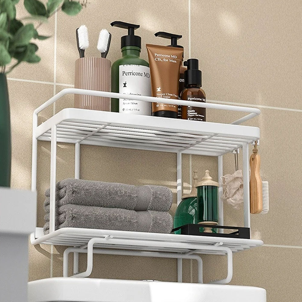 Compact LooShelf bathroom organizer, black wrought iron, fits perfectly in tight spaces, no drilling required.