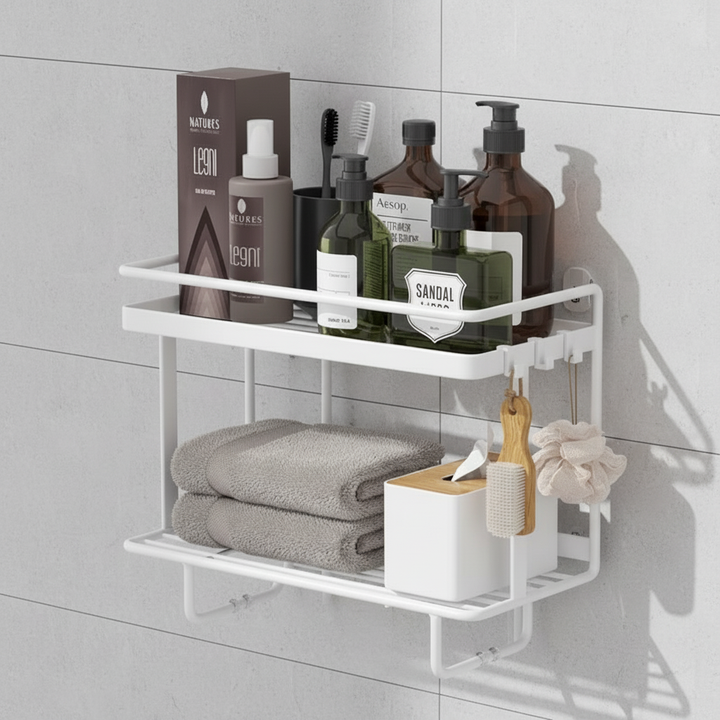 Black wrought iron LooShelf, a versatile no-drill solution for bathroom organization and maximizing vertical space.