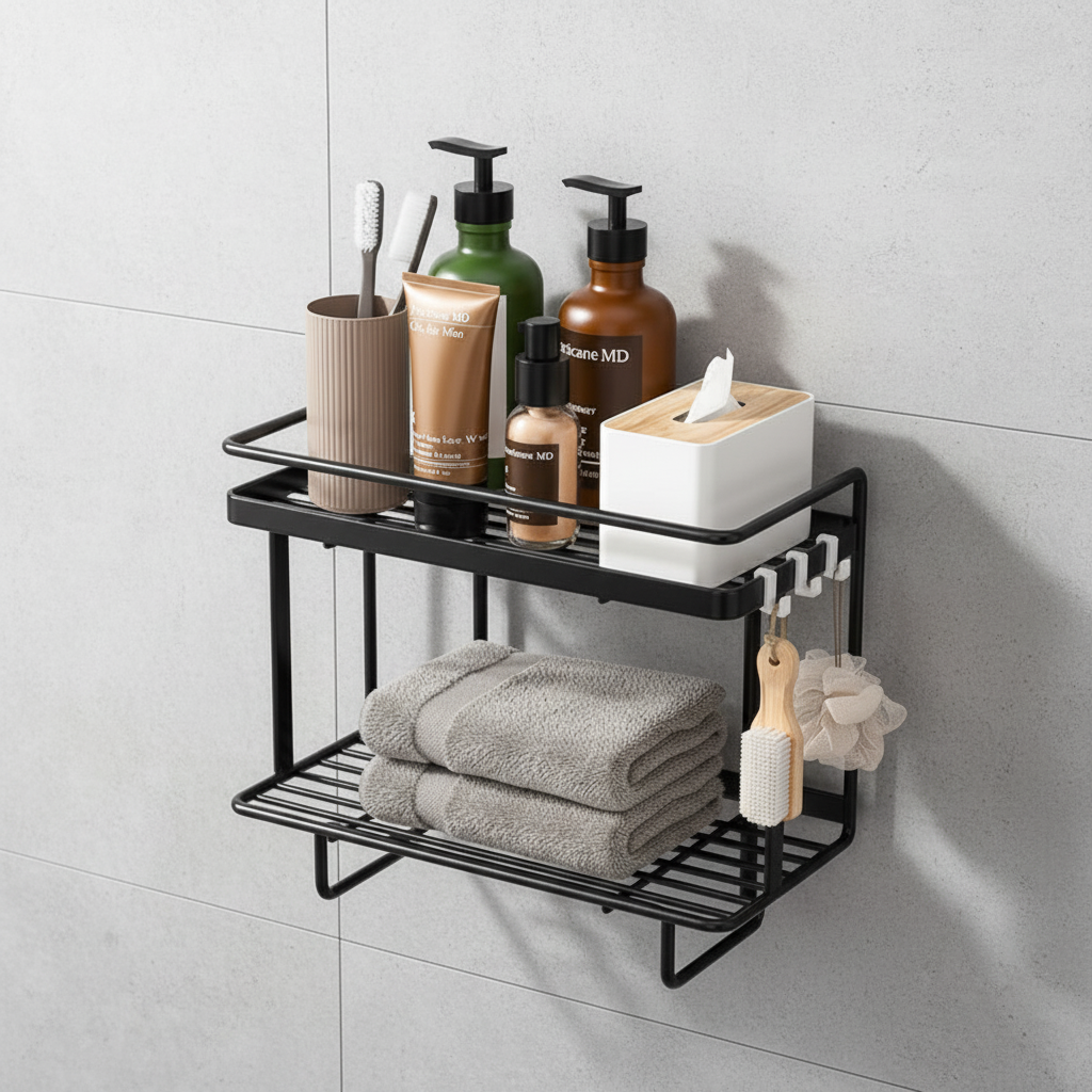 The LooShelf, a freestanding toilet storage rack in black wrought iron, offering a sleek and functional bathroom space saver.