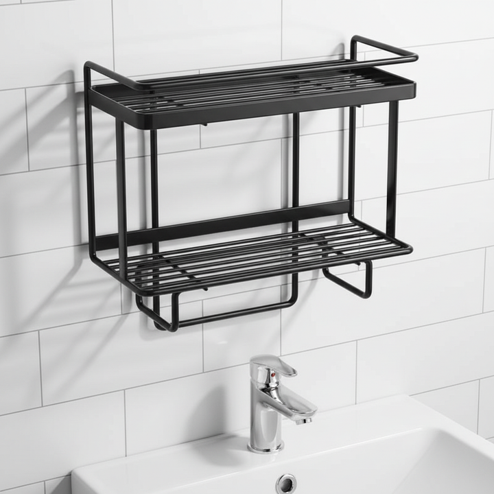 LooShelf bathroom toilet storage rack in black wrought iron, perfect for small bathrooms, offering extra organization.