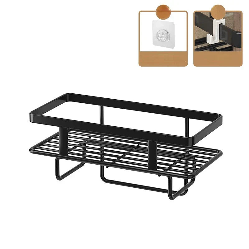 Elegant black wrought iron LooShelf bathroom rack, a stylish and practical space saver for any toilet area.