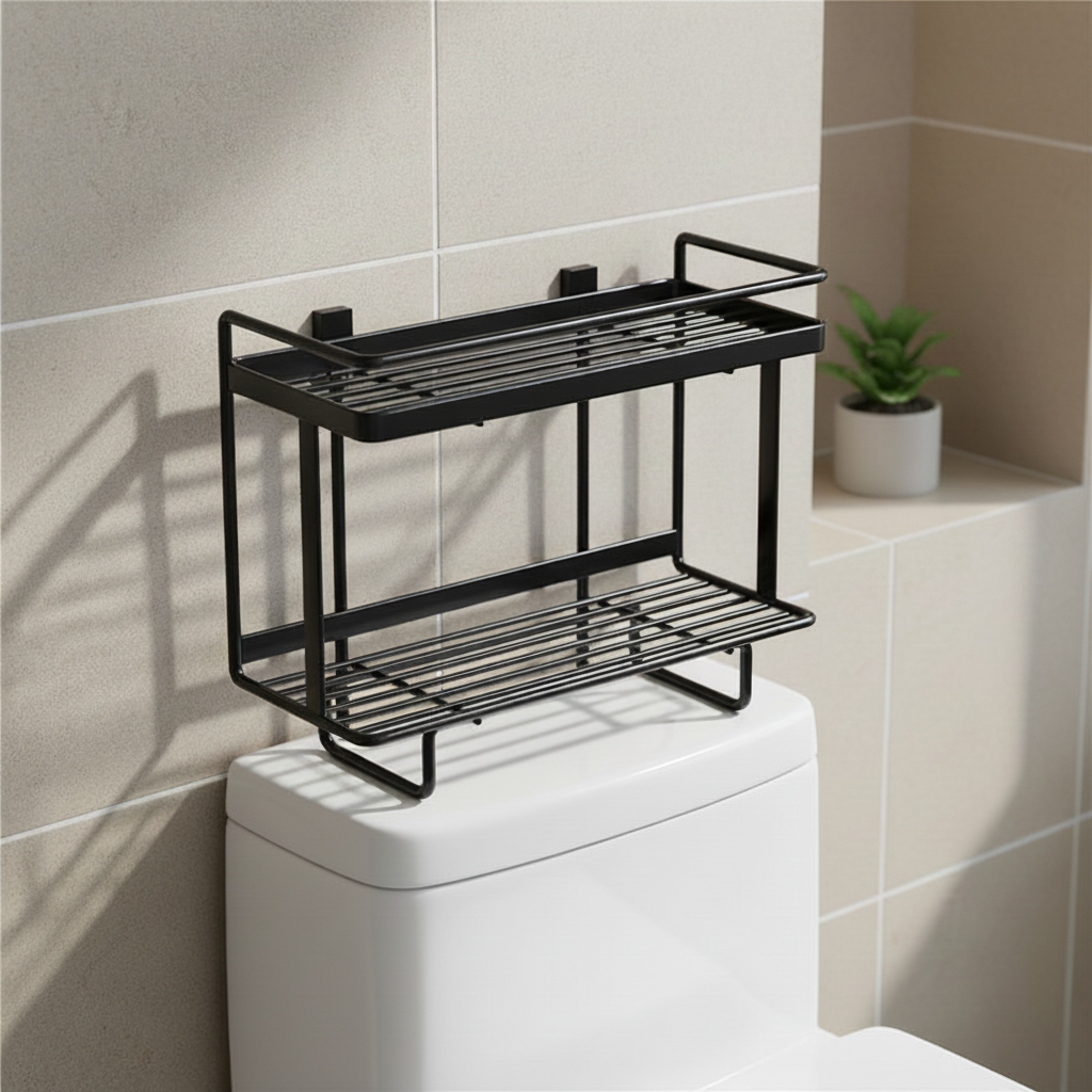 Freestanding wrought iron toilet storage shelf over toilet, brown, space-saving bathroom organizer