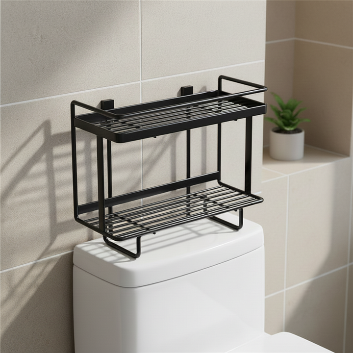 Freestanding wrought iron toilet storage shelf over toilet, brown, space-saving bathroom organizer