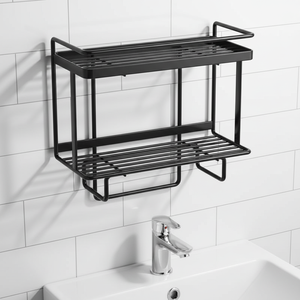 Close-up of LooShelf over-toilet storage with toiletries, no-drill space saver shelf