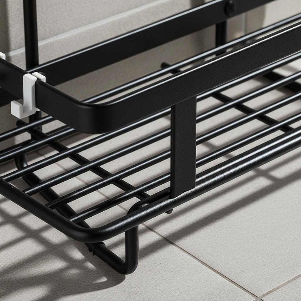 Modern bathroom with LooShelf above toilet, enhancing decor & organization. Brown wrought iron shelf