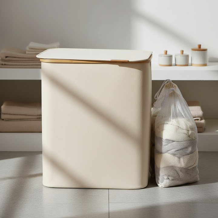 FreshFold breathable textile laundry basket, 3 sections, with handles for easy clothes sorting