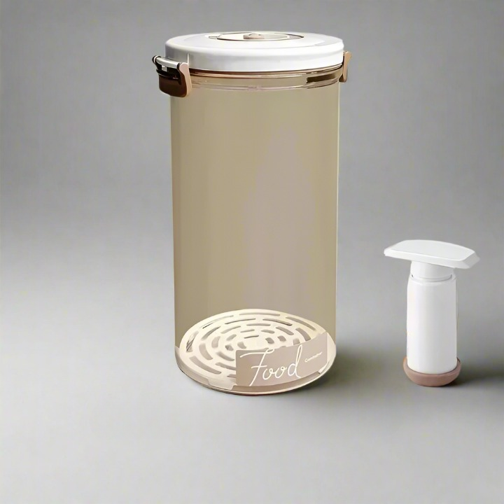 Close-up of FreshLock hand vacuum pump creating an airtight seal on a food storage container