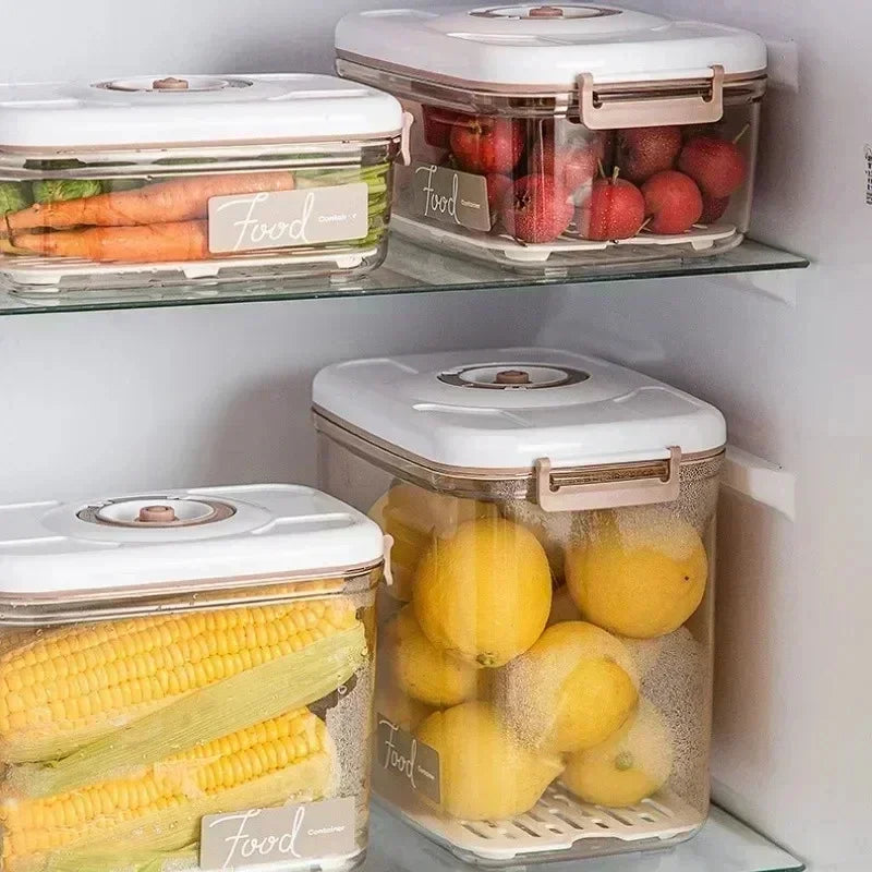 Airtight FreshLock vacuum container, keeping food fresh longer, shown with included hand pump.