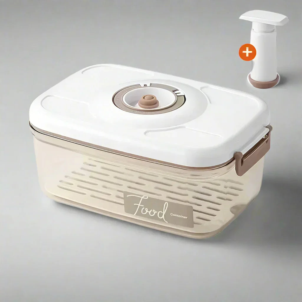 Kitchen organization solution: FreshLock transparent vacuum container and pump for optimal food storage.