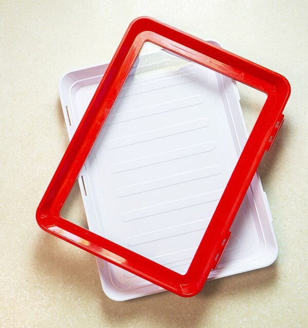 FreshSeal reusable food storage tray, keeping food fresh with an airtight seal for kitchen organization.
