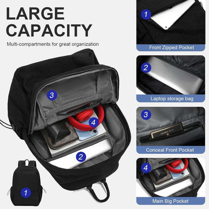 Backpack worn by person (back): Commuter carrying a durable 15.6" TravelPro Series laptop backpack.