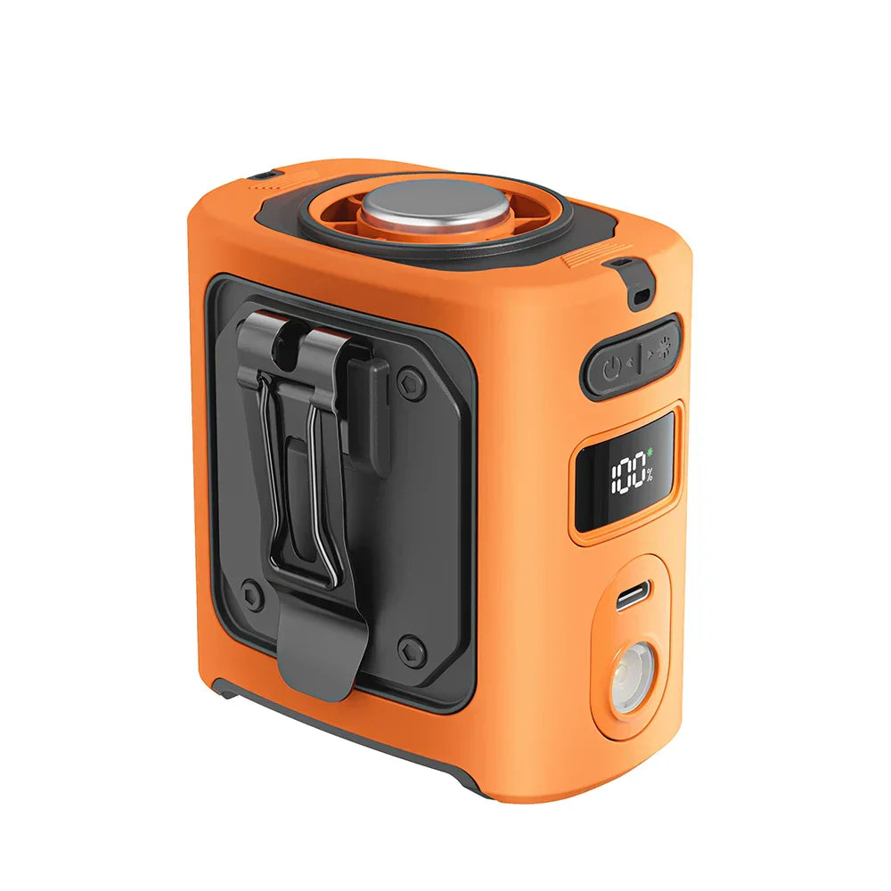 FrostBreeze 8000mAh portable waist fan with LED light & power bank, showing front grid and waistband clip, outdoor cooling gadget