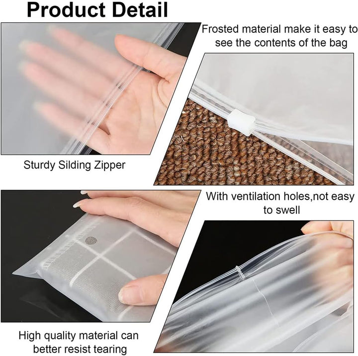 Travel packing solution: 40 frosted resealable clothing sleeves with vent holes for luggage organization.