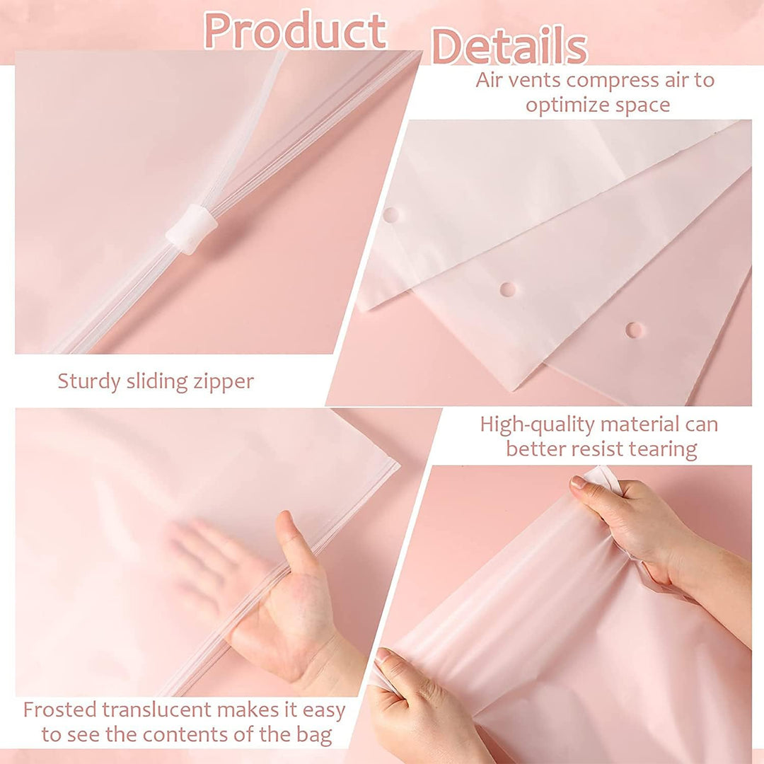 Frosted zip-top storage bags, 20 reusable garment sleeves for travel and home storage.