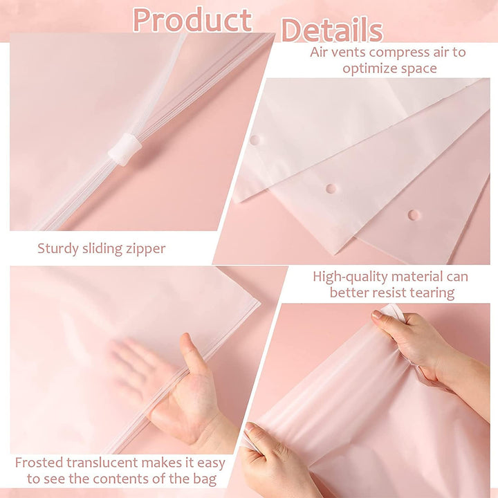 Frosted zip-top storage bags, 20 reusable garment sleeves for travel and home storage.