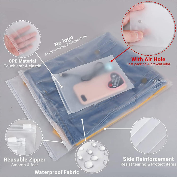 Durable frosted plastic garment sleeves, reusable for closet organization & travel protection.
