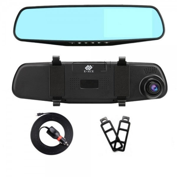 Full HD rearview mirror dash cam with wide-angle lens for vehicle security & driving safety.