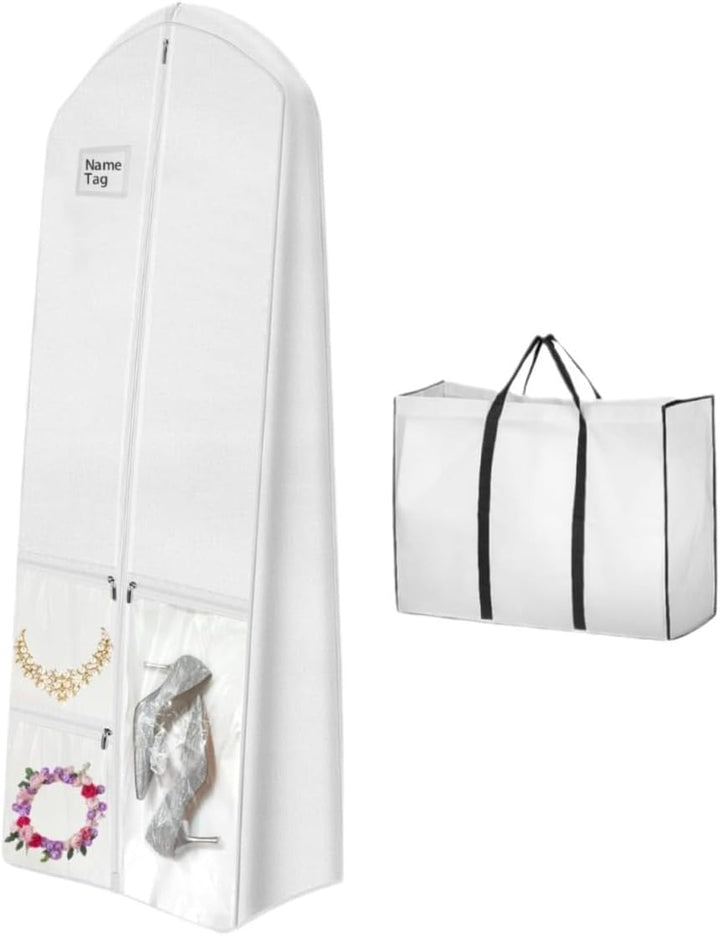 Full-length dustproof wedding gown storage cover for bridal dress preservation.
