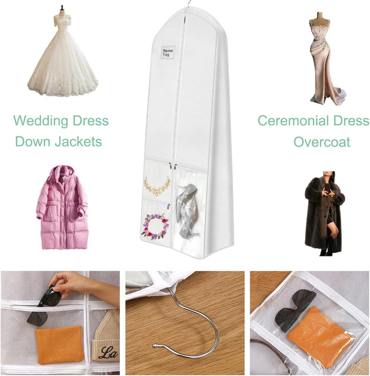 Long bridal garment bag for wedding dress travel protection & long-term formalwear storage.
