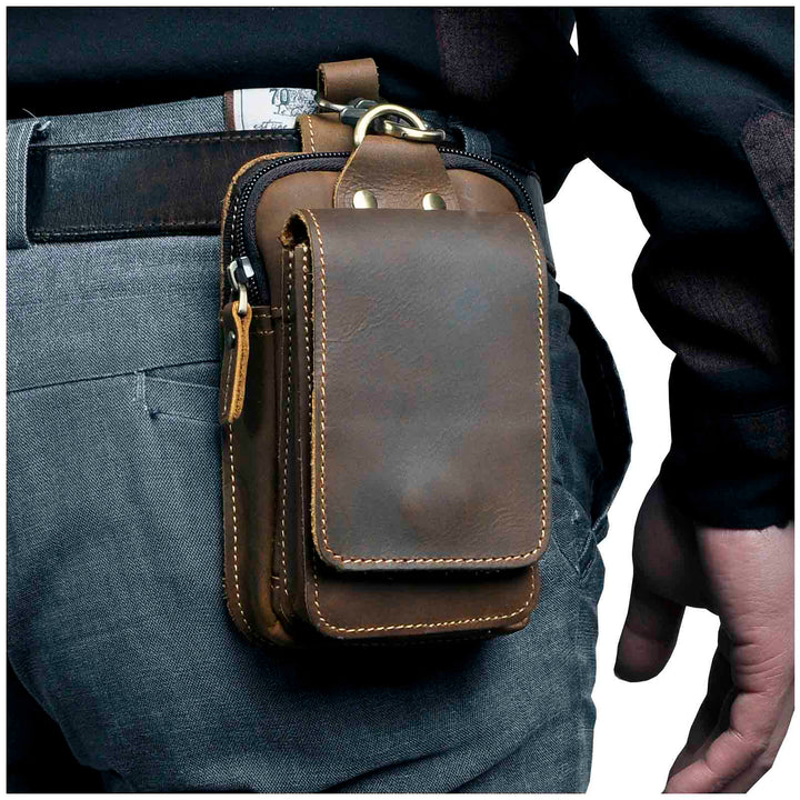 Genuine leather men's waist pack for hands-free everyday carry.