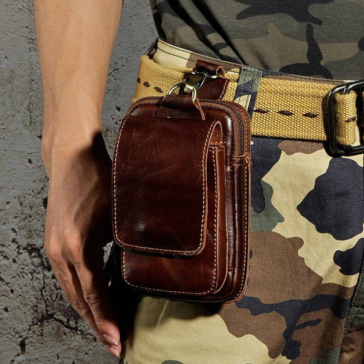 Durable genuine leather men's waist pack, versatile as a belt bag or crossbody for daily carry.