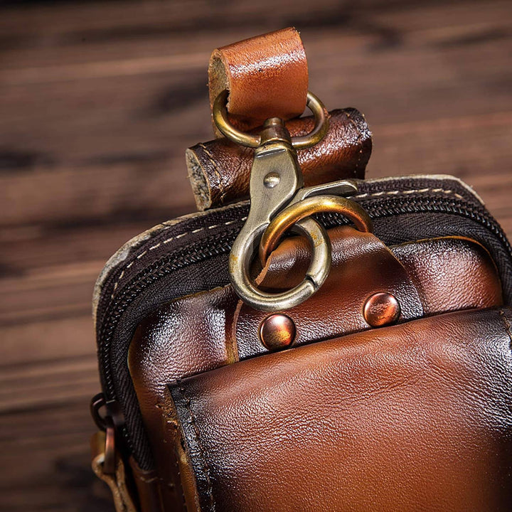 Secure genuine leather travel bag for men, a hands-free waist pack or crossbody.