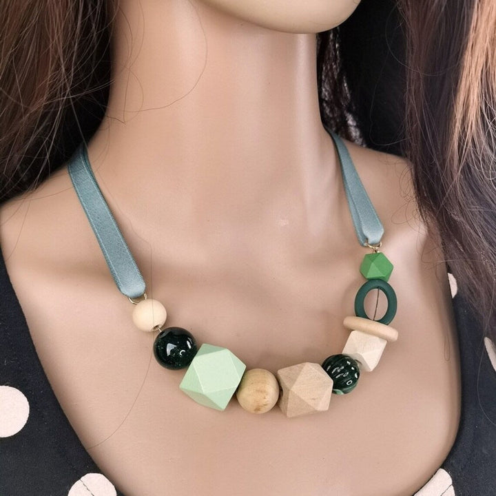Unique geometric wood & pearl necklace. Colorful modern artistic design, perfect statement jewelry.
