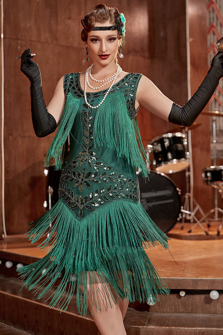 Vintage inspired Charleston dress, sequined & pearl fringed, a dazzling women's special occasion outfit.