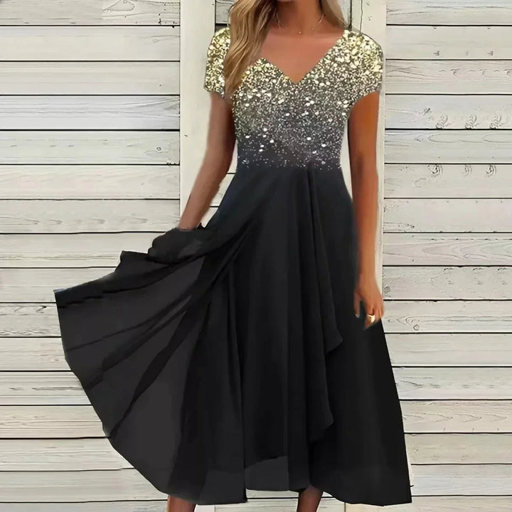 Sophisticated Soraya short-sleeve midi dress for women, ideal for glamorous summer parties.