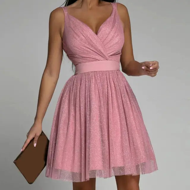 Glamorous women's shimmering sequin party dress with a stylish v-neck and open back, perfect for special occasions.