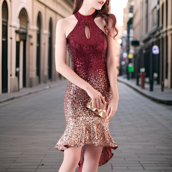 Vibrant women's sequin mini dress, designed for glamorous events and unforgettable nights out.