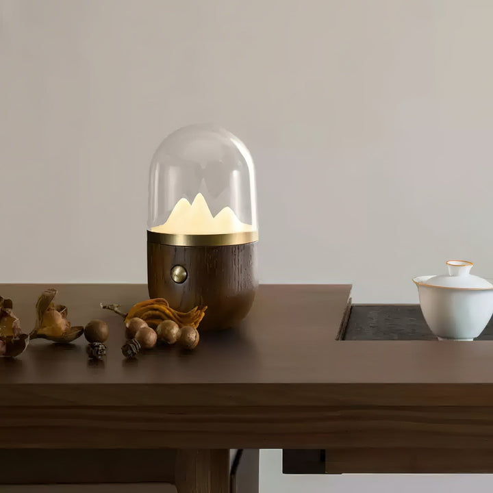 Close-up of Glowcrest LED ambient lamp, highlighting its sleek wooden design and soft lighting