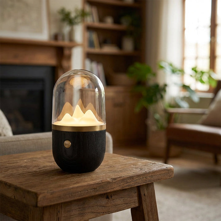 Glowcrest Tabletop Ambient Night Lamp with a soft glow, natural wood base, and matte glass diffuser, perfect for bedroom decor