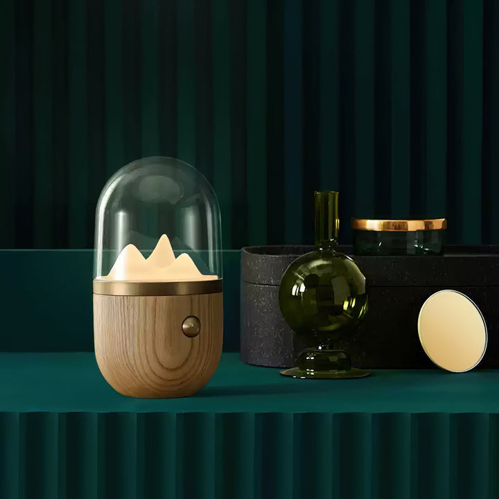 Glowcrest Tabletop Ambient Night Lamp illuminating a dark room, ideal for a serene bedroom light or home decor accent