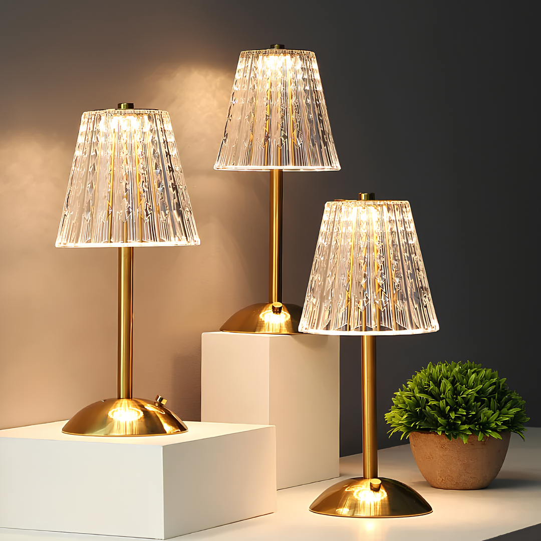 Golden crystal touch lamp glowing softly, providing warm ambient lighting for any room