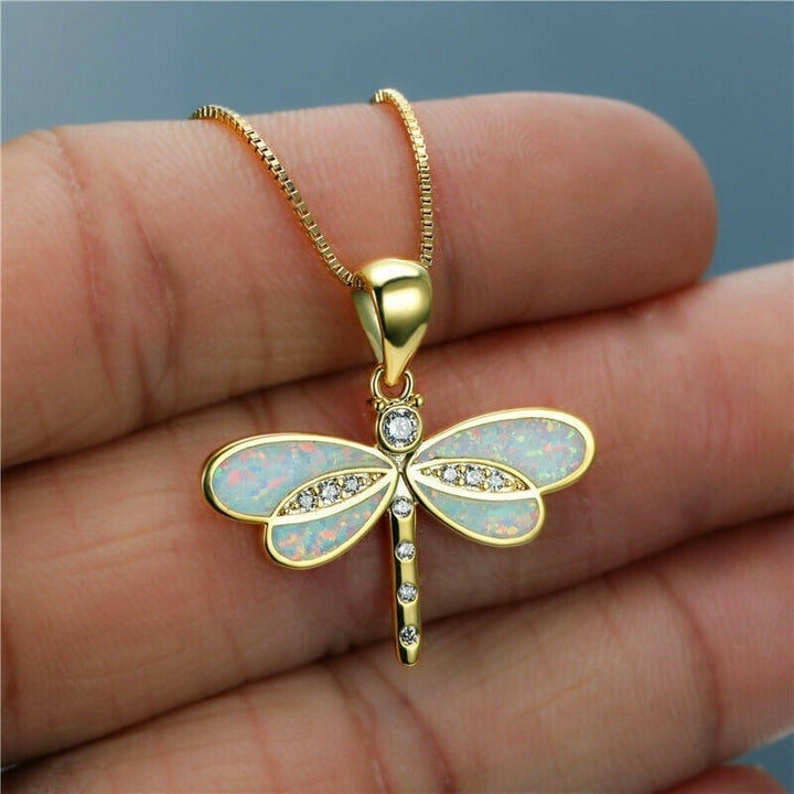 Golden dragonfly opal pendant necklace for women, sterling silver, nature-inspired design.