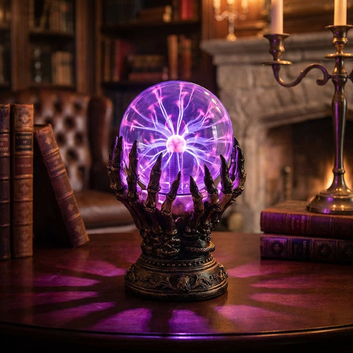 Gothic plasma table lamp with skeletal hand base, emitting purple light, for mood lighting & decor.
