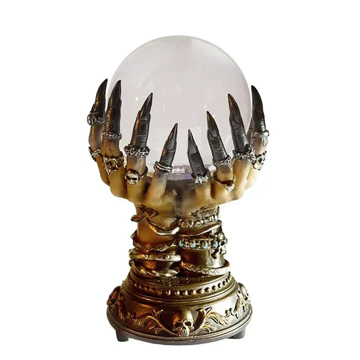 Decorative resin skeletal hand table lamp with mesmerizing blue plasma light, gothic style